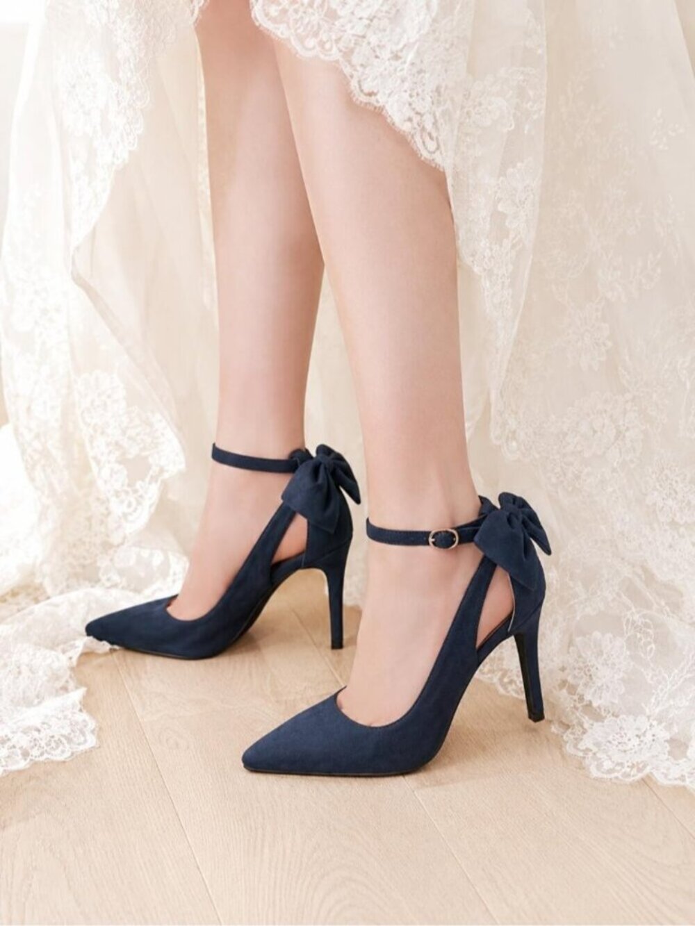 Women's Navy Faux Leather Adjustable Pumps Pointed Toe Ankle Strap Wedding Heel - Picture 2 of 7